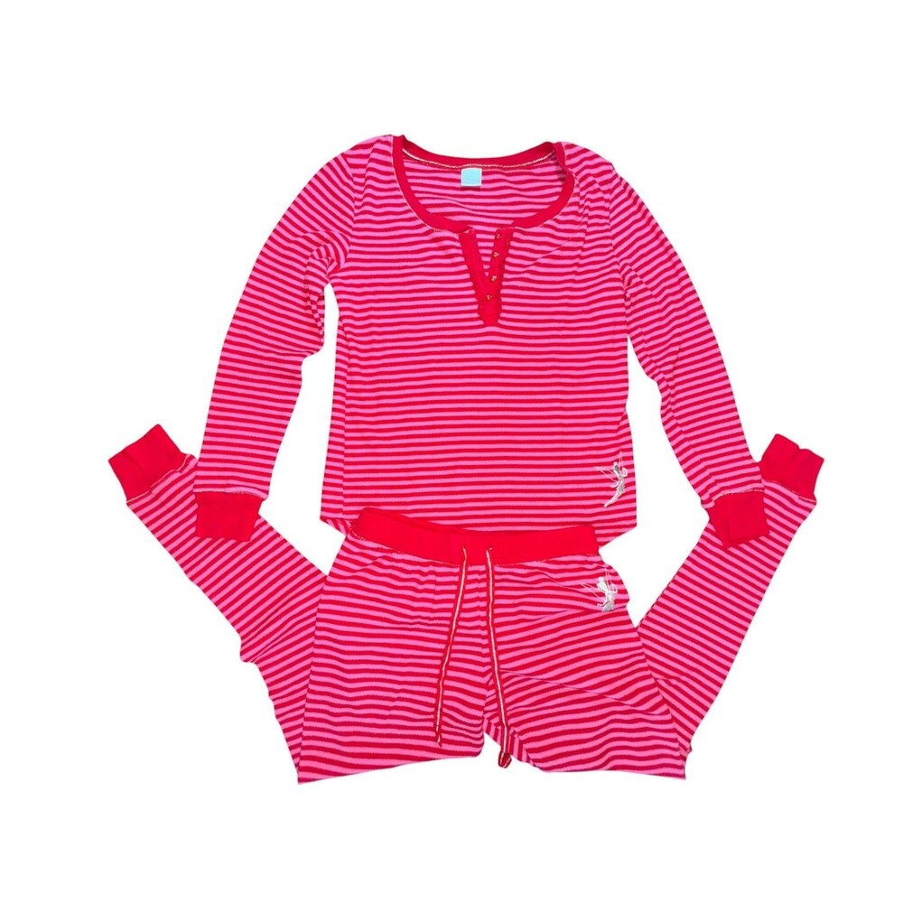 Disney Tinkerbell Women's Size Medium Pink Striped Long John Pajama Set EUC